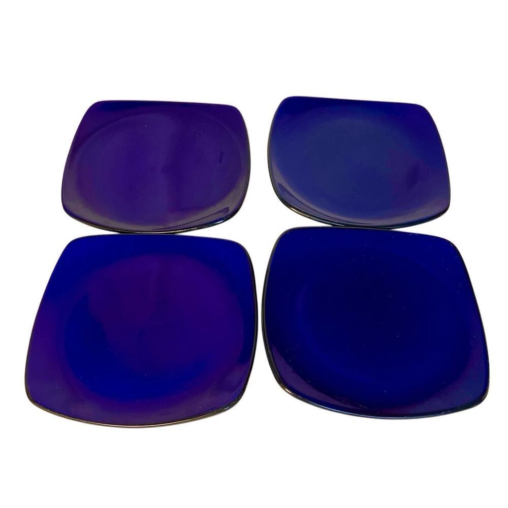Set of 4 CORELLE HEARTHSTONE Stoneware Dinner Plates Cobalt Indigo Black Square